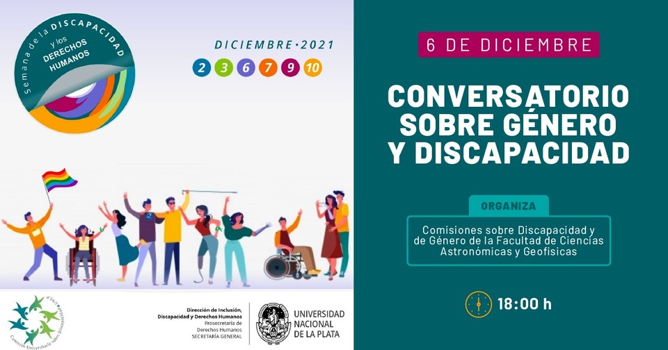 La imagen contiene dibujos de personas con sus brazos en alto (como celebrando), de pie o en silla de ruedas. También hay una bandera multicolor. Además, el texto menciona datos sobre la Semana y sobre el conversatorio, que figura en el texto de la gacetilla. La imagen contiene dibujos de personas con sus brazos en alto (como celebrando), de pie o en silla de ruedas. También hay una bandera multicolor. Además, el texto menciona datos sobre la Semana y sobre el conversatorio, que figura en el texto de la gacetilla.